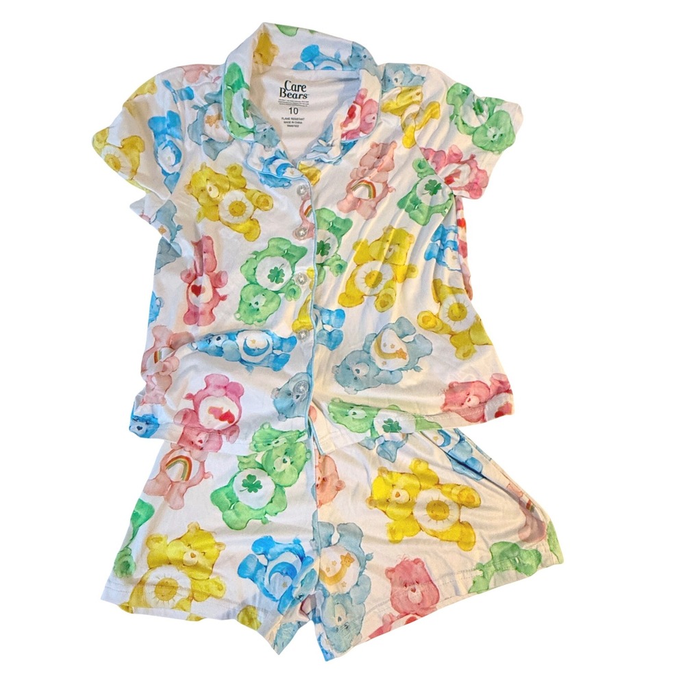 Care Bears Pajama Set Girls 10 Pastel Watercolor Button Up Top Shorts Sleepwear